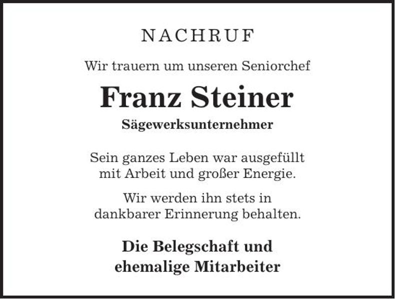 Traueranzeige Franz Steiner