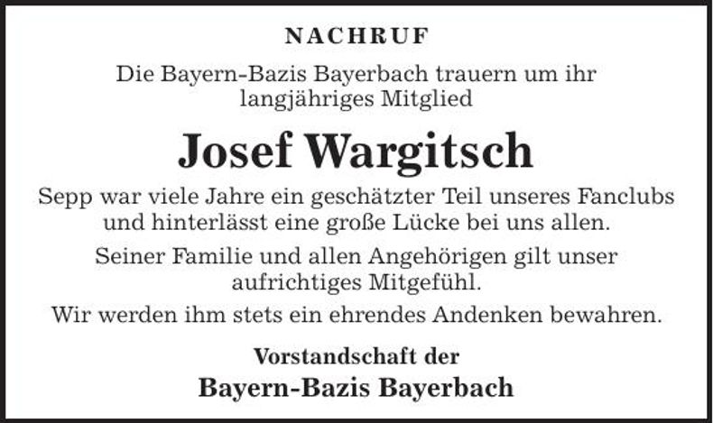 Traueranzeige Josef Wargitsch