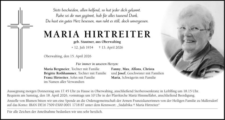 Traueranzeige Maria Hirtreiter