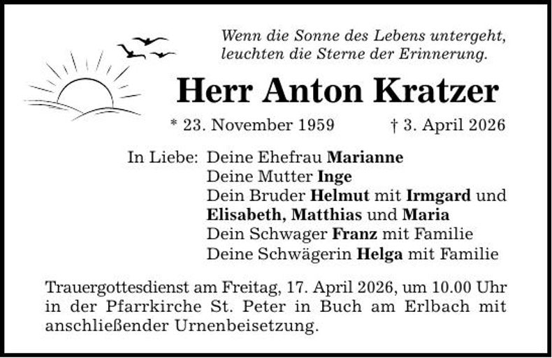Traueranzeige Anton Kratzer