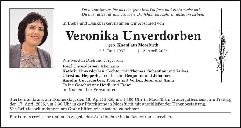 Traueranzeige Veronika Unverdorben