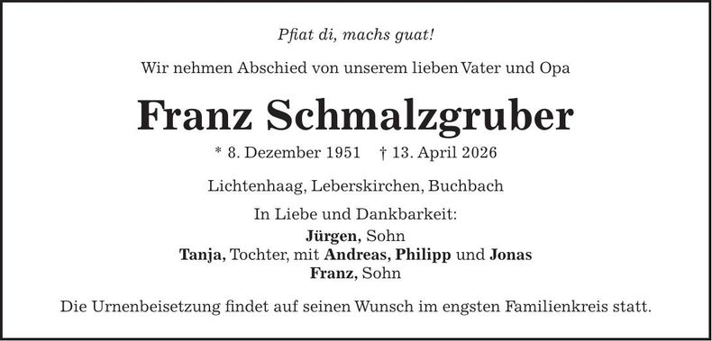 Traueranzeige Franz Schmalzgruber