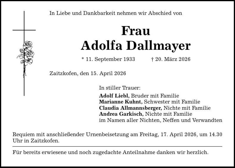 Traueranzeige Adolfa Dallmayer