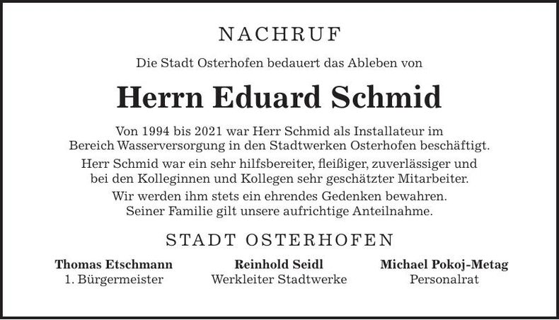 Traueranzeige Eduard Schmid