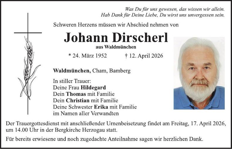 Traueranzeige Johann Dirscherl