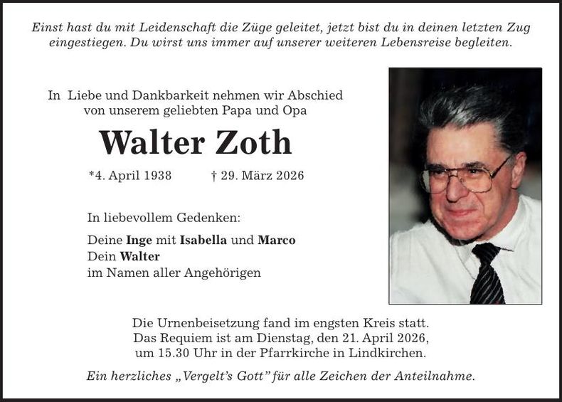 Traueranzeige Walter Zoth