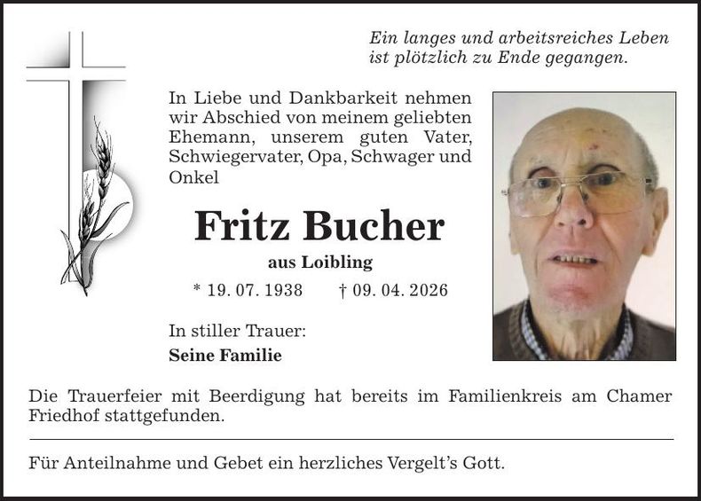 Traueranzeige Fritz Bucher
