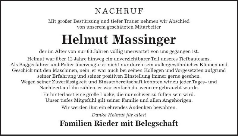 Traueranzeige Helmut Massinger