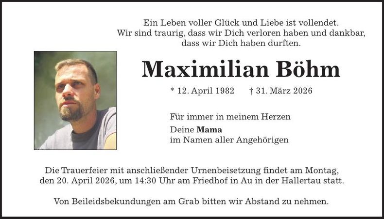 Traueranzeige Maximilian Böhm