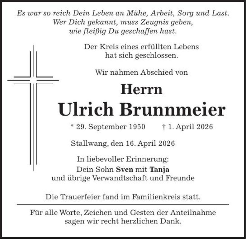 Traueranzeige Ulrich Brunnmeier