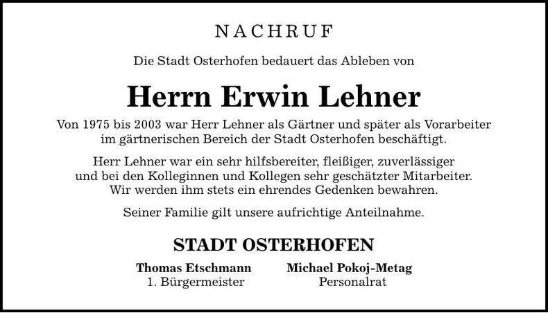 Traueranzeige Erwin Lehner
