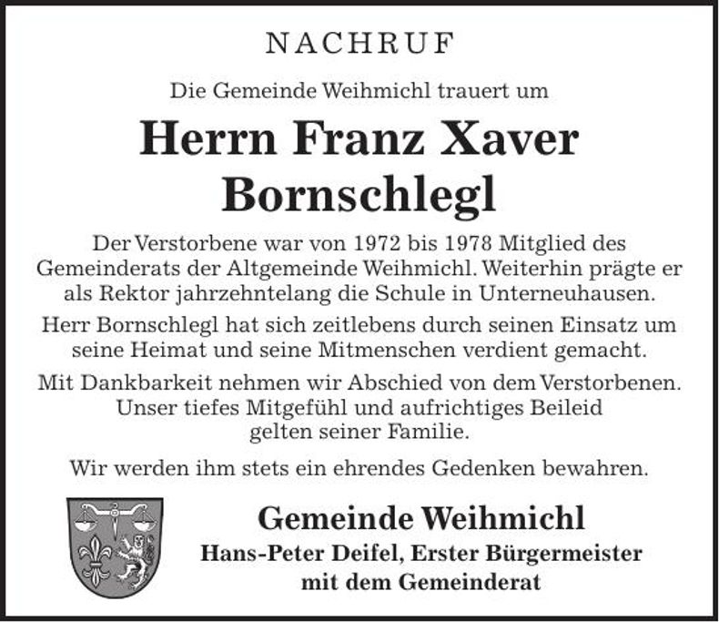 Traueranzeige Franz Xaver Bornschlegl