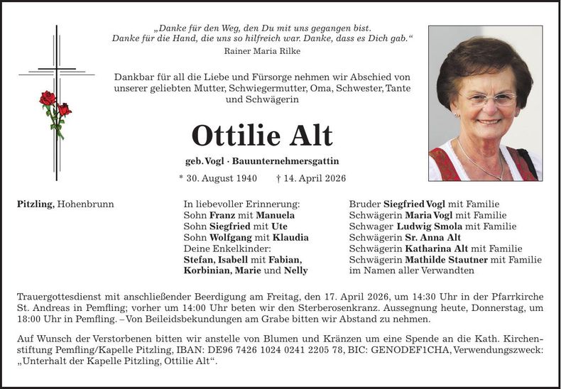 Traueranzeige Ottilie Alt