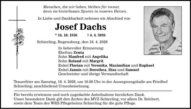 Traueranzeige Josef Dachs