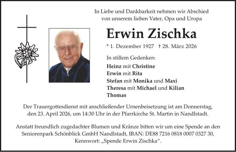 Traueranzeige Erwin Zischka
