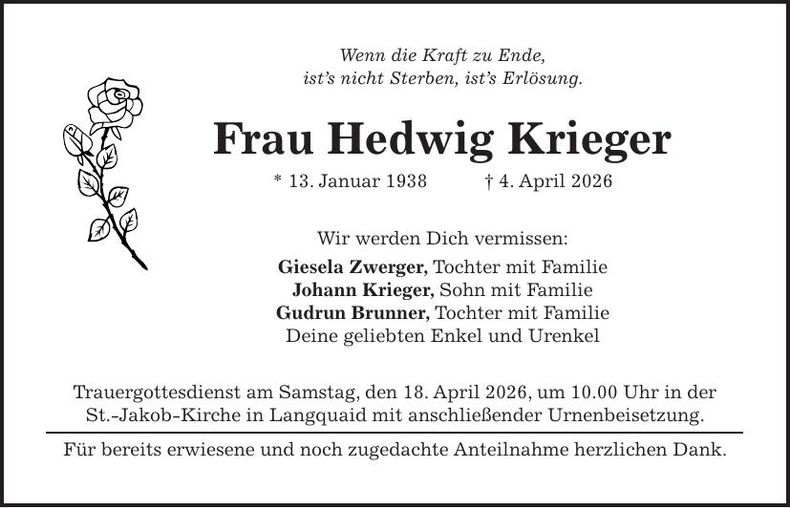 Traueranzeige Hedwig Krieger