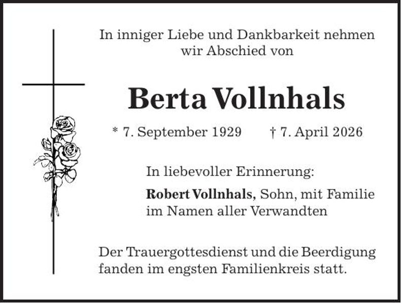 Traueranzeige Berta Vollnhals
