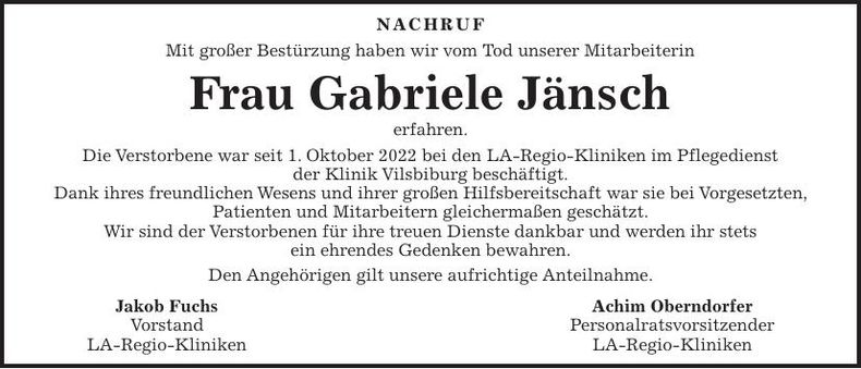 Traueranzeige Gabriele Jänsch
