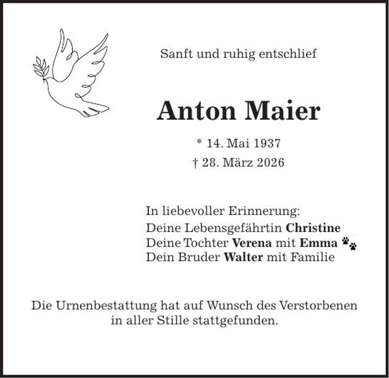 Traueranzeige Anton Maier
