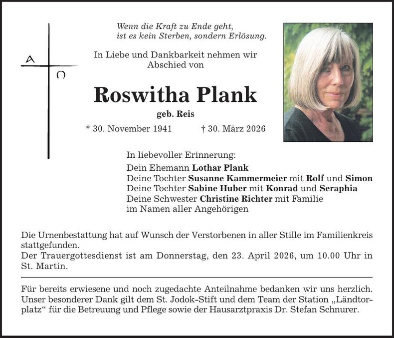Traueranzeige Roswitha Plank