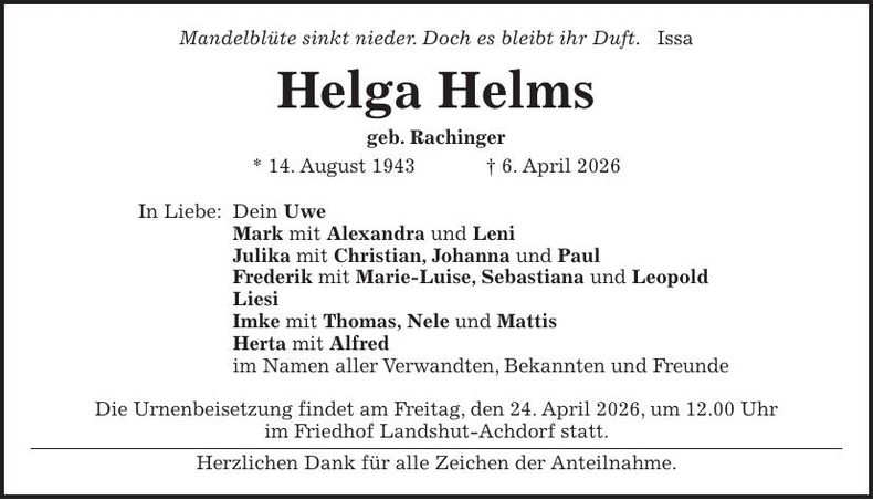 Traueranzeige Helga Helms