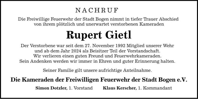 Traueranzeige Rupert Gietl