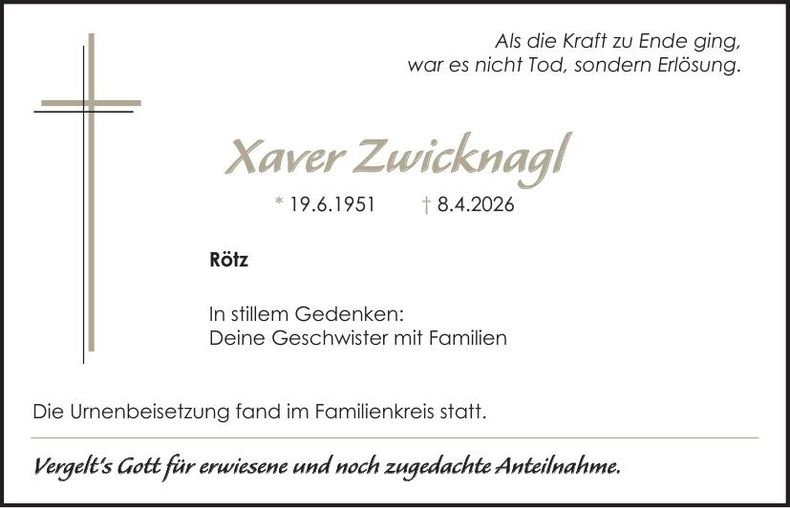 Traueranzeige Xaver Zwicknagl