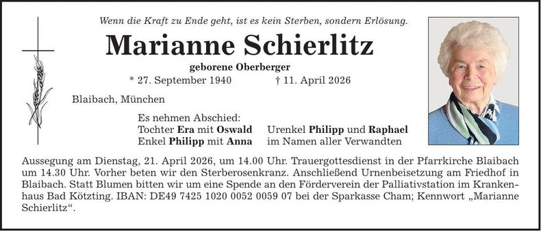 Traueranzeige Marianne Schierlitz