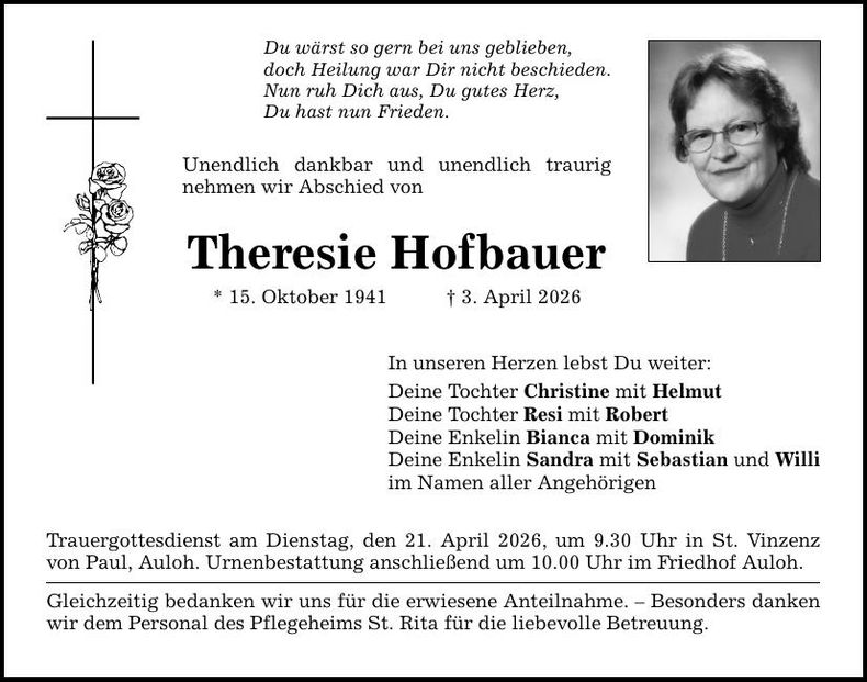 Traueranzeige Theresie Hofbauer