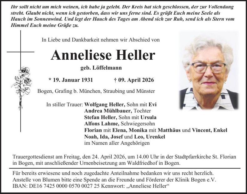 Traueranzeige Anneliese Heller