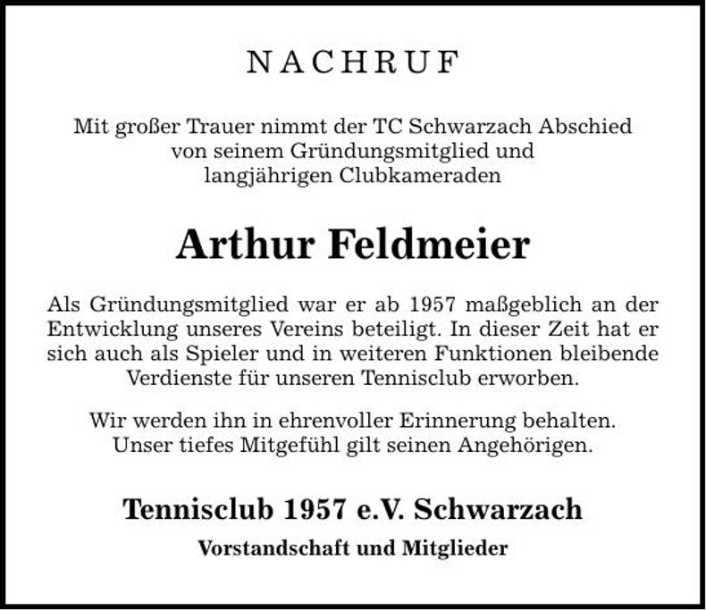 Traueranzeige Arthur Feldmeier