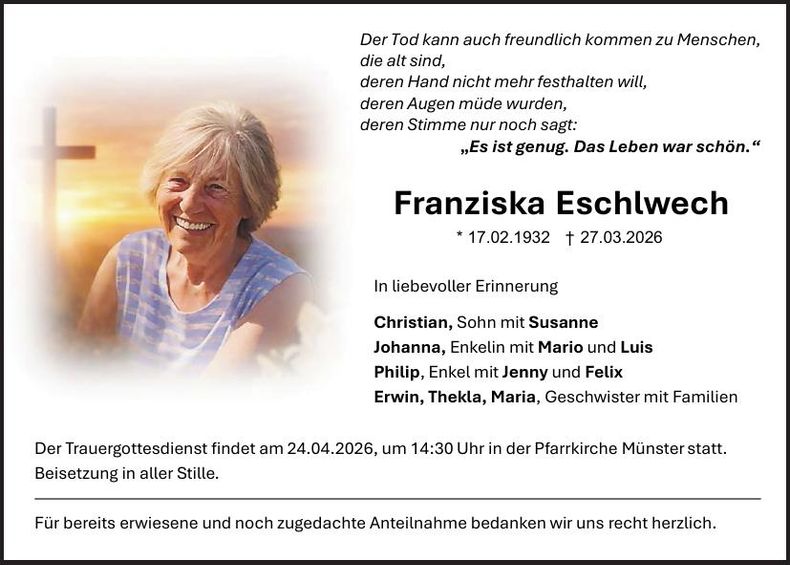 Traueranzeige Franziska Eschlwech