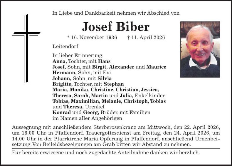 Traueranzeige Josef Biber