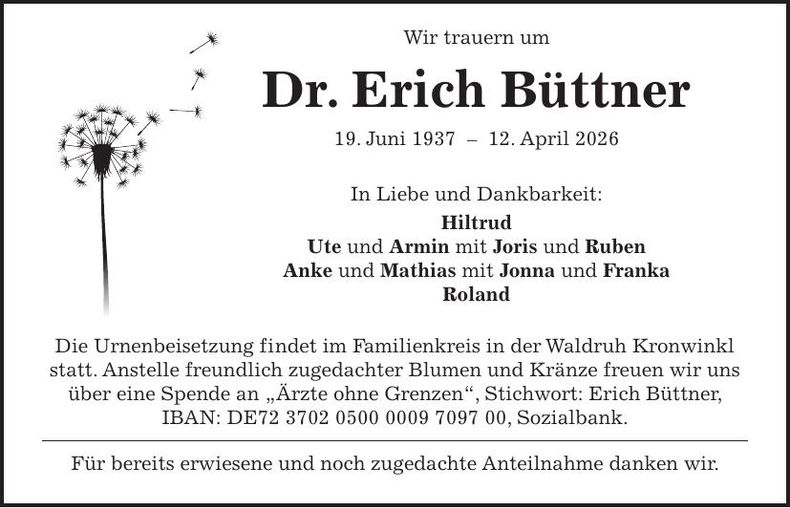 Traueranzeige Erich Büttner