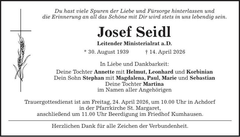Traueranzeige Josef Seidl