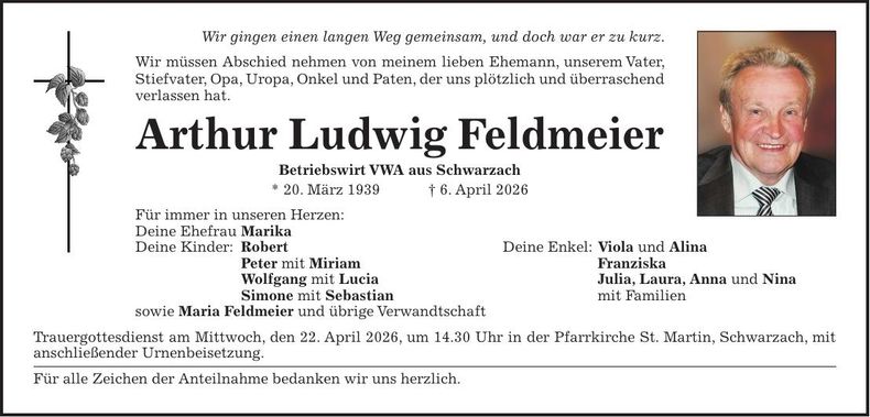 Traueranzeige Arthur Ludwig Feldmeier