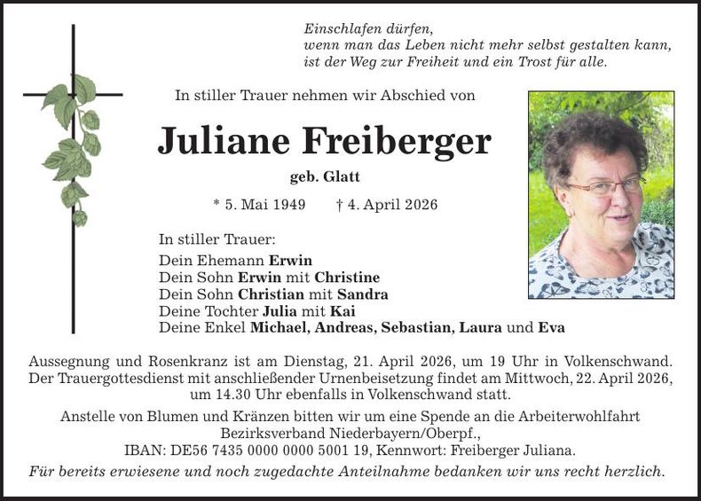 Traueranzeige Juliane Freiberger