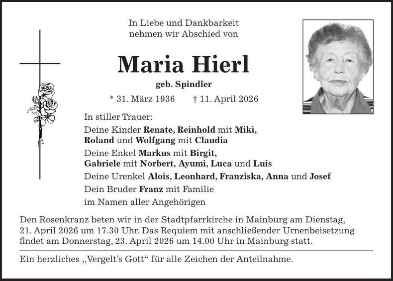 Traueranzeige Maria Hierl