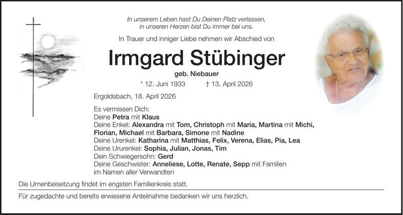 Traueranzeige Irmgard Stübinger