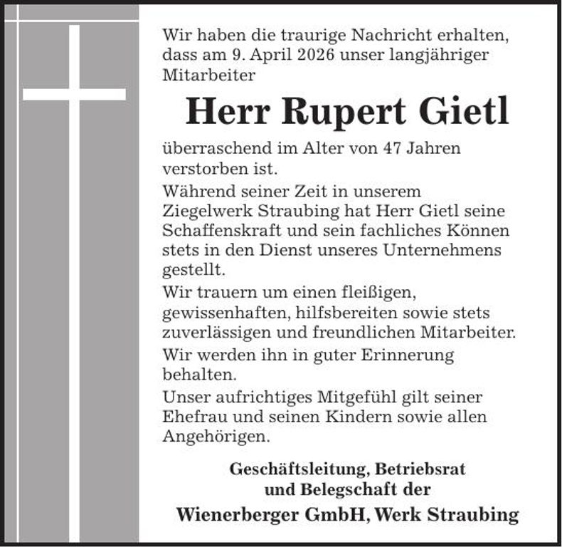 Traueranzeige Rupert Gietl