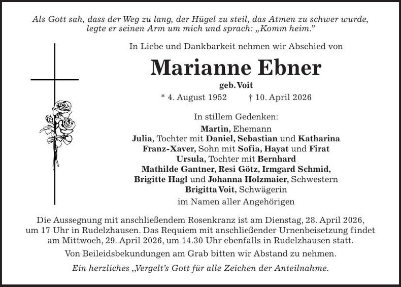 Traueranzeige Marianne Ebner