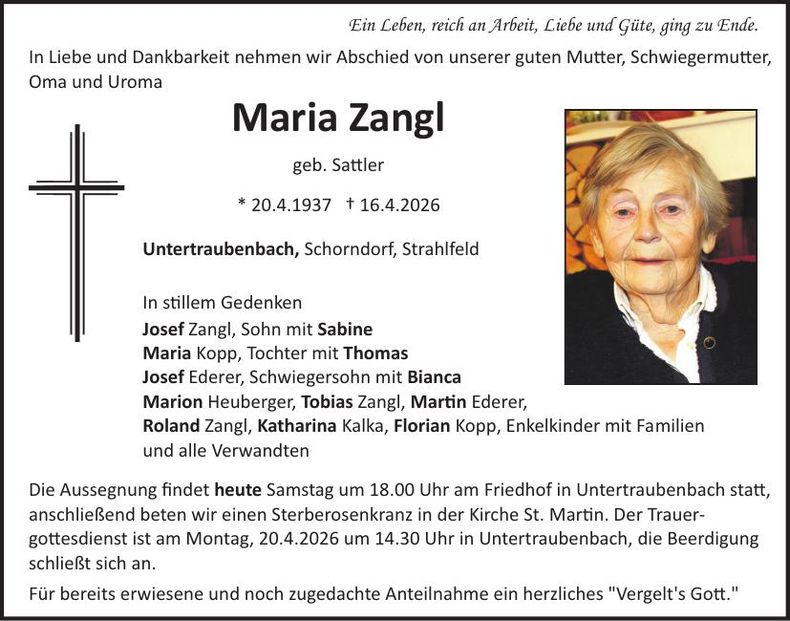 Traueranzeige Maria Zangl