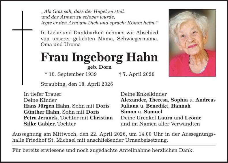 Traueranzeige Ingeborg Hahn