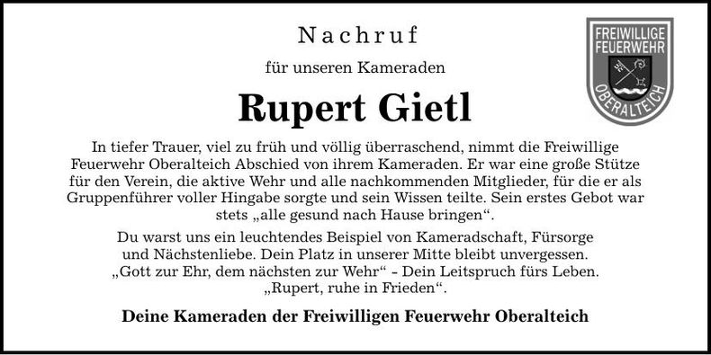 Traueranzeige Rupert Gietl