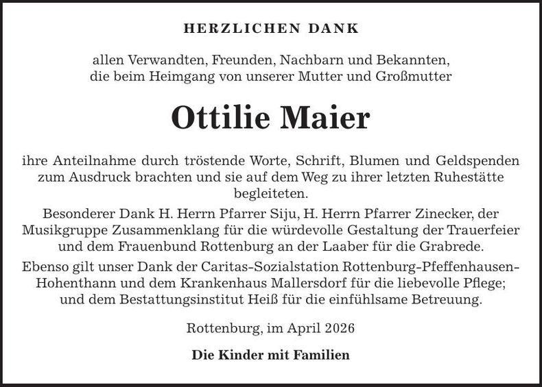 Traueranzeige Ottilie Maier
