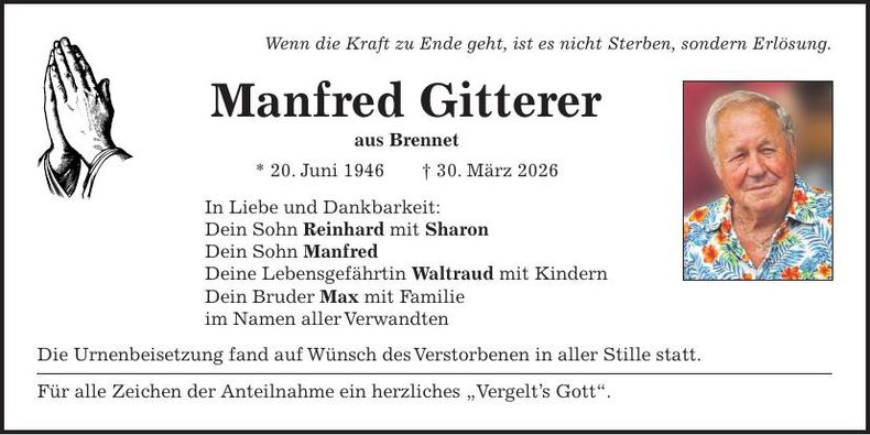 Traueranzeige Manfred Gitterer