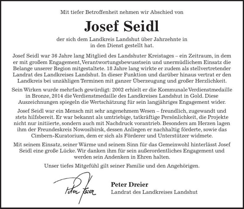 Traueranzeige Josef Seidl