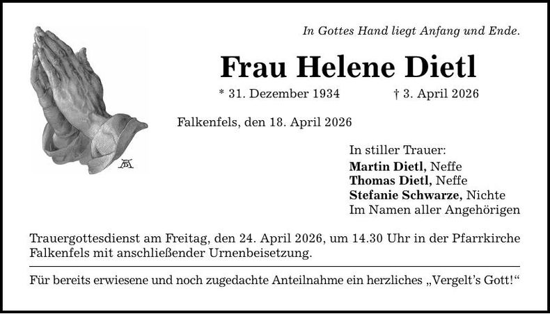 Traueranzeige Helene Dietl