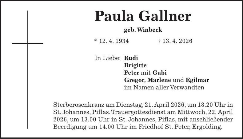Traueranzeige Paula Gallner