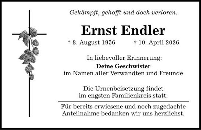 Traueranzeige Ernst Endler
